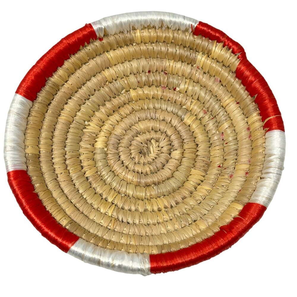 Handwoven Straw Coil Basket Bowl Red White Accents Exuma 9 Inch